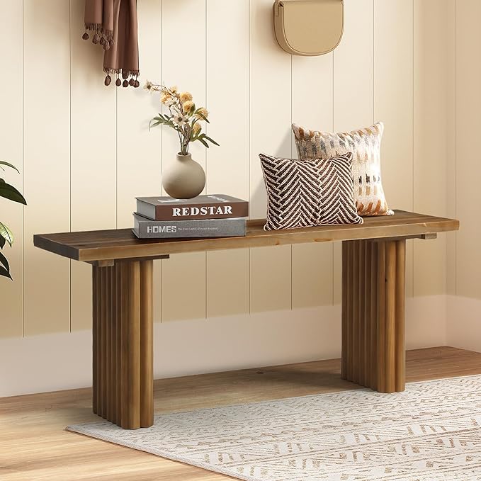Solid Wood Entryway Bench - 43.3" Fluted Farmhouse Bench, Indoor Long Dining Benches Seat Narrow End of Bed Benches for Entry Way, Kitchen, Living Room and Bedroom, Brown