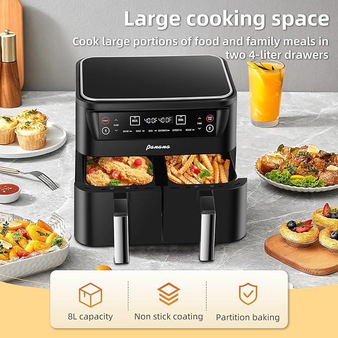 Panana Air Fryer 8.5QT, 6 in 1 Air Fryers Dual Zone 2 Busket,1800W Air Fryer for Roast, Bake, Dehydrator, Defrost, Reheat Quick Meals