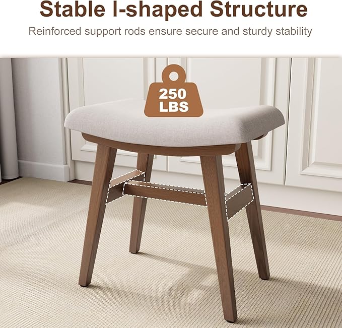 Solid Wood Small Vanity Stool, Compact Makeup Chair with Saddle Cushion, Linen-Covered High Rebound Sponge Seat, Easy Assembly Footstool, Modern Ottoman for Bedroom, Entryway, Home, Walnut
