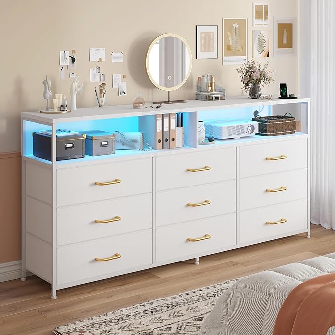 55” W White Dresser for Bedroom with Charging Station & LED, 65" TV Stand for Bedroom with 9 Fabric Drawers, Sturdy Chest of Drawers with Open Storage Shelves for Closet, 55.12" Wx11.81 Dx35.43 H
