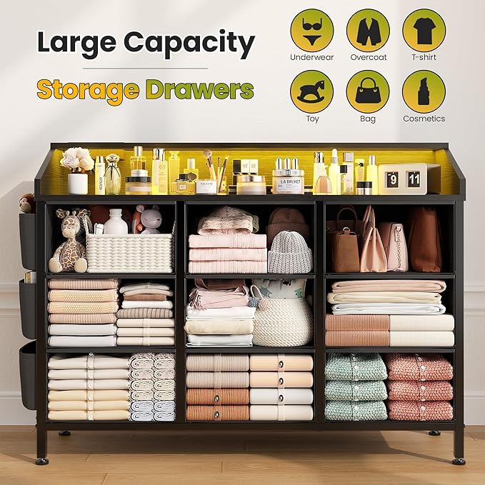 Lulive Black Dresser for Bedroom with LED Light and Power Outlets, 2-Tier Shelf Fabric Chests of Drawers for Closet, Entryway