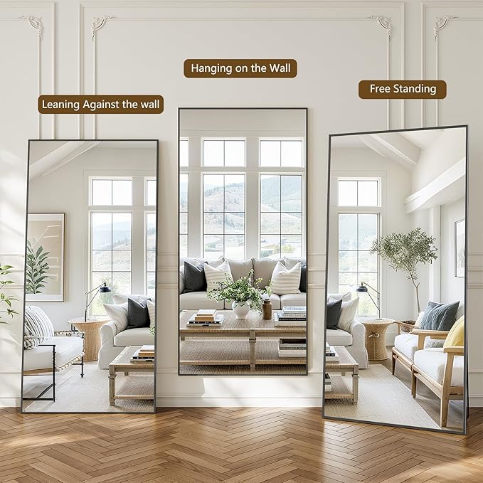 Koonmi 80"x36" Floor Mirror Full Length, Bedroom Floor Body Mirror with Stand, Large Black Mirror, Leaning, Standing or Hanging Horizontally/Vertically