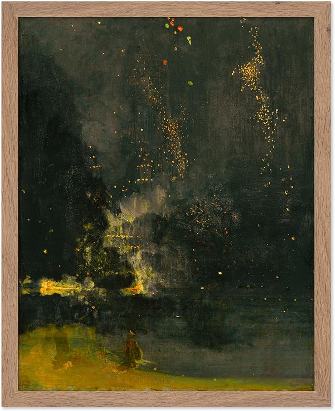 Poster Master Vintage Nocturne in Black and Gold Painting Poster - Retro The Falling Rocket Print - Abstract Art - Moody Art - Landscape Art - Office or Living Room Decor, 8x10 Beige Framed