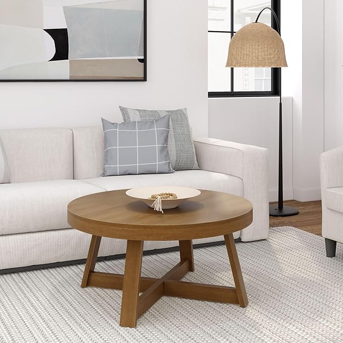 Plank+Beam Classic Round Coffee Table, 36" Farmhouse Coffee Table, Mini Center Tables for Small Spaces, Small Living Space Tea Table, Pecan Wirebrush