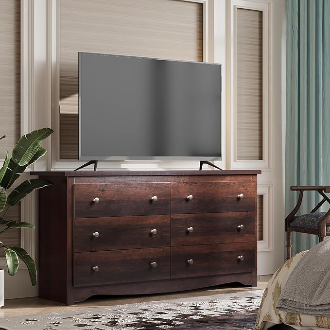WLIVE Dresser for Bedroom, 59” Wide Chest of Drawers with 6 Drawer, Wood Long Nightstand with Drawers, Modern Large Storage Tower Unit, Closet Store Organizer for Living Room, Hallway, Brown