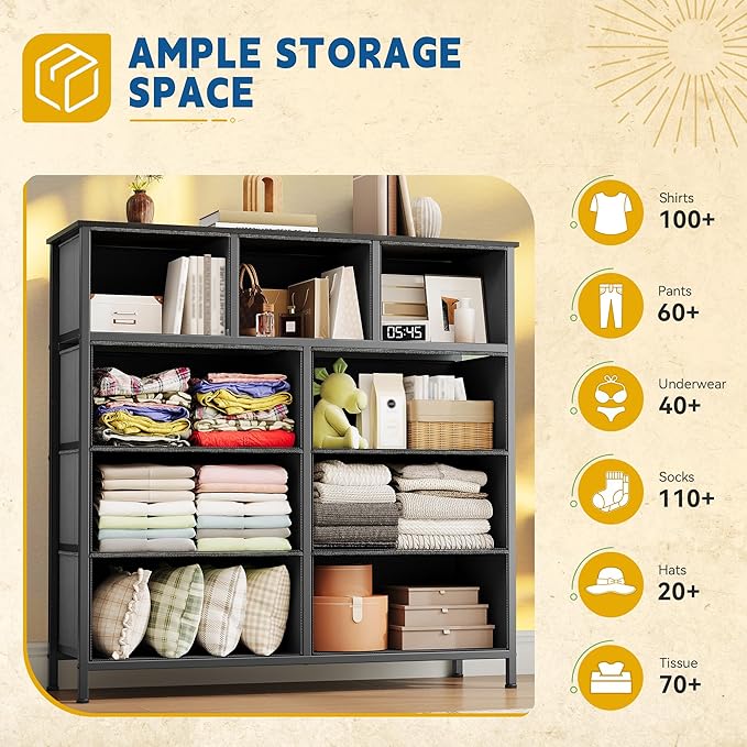 DWVO Dresser with 9 Drawers - Fabric Storage Tower, Organizer Unit for Living Room, Hallway - Sturdy Steel Frame, Wooden Top & Easy Pull Fabric Bins