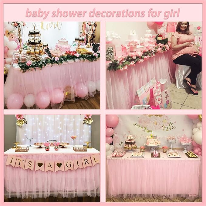 Suppromo 9ft Pink Tulle Table Skirt for Rectangle Tables or Round Tables Tutu Table Cloths for Princess Baby Shower Girl Birthday Party Cake Dessert Decorations(L9(ft)*H 30in, Pink)