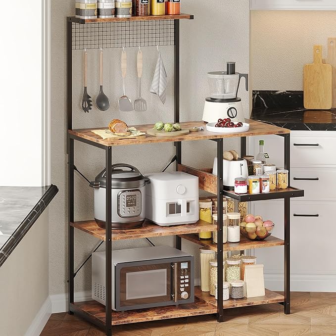 Zenira 7 Tiers Kitchen Bakers Rack with Storage Shelves, 36 Inch Microwave Stand, Coffee Bar Cart Station with 3 S Hooks, Kitchen Shelves for Pantry, Spices, Pots, Utensils, Rustic Brown