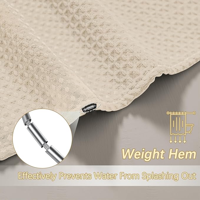 Beige Fabric Shower Curtain - Waffle Textured Heavy Duty Shower Curtains for Bathroom, 256GSM Hotel Spa Luxury Weighted Bath Curtain with 12 Hooks, 72x90, Beige