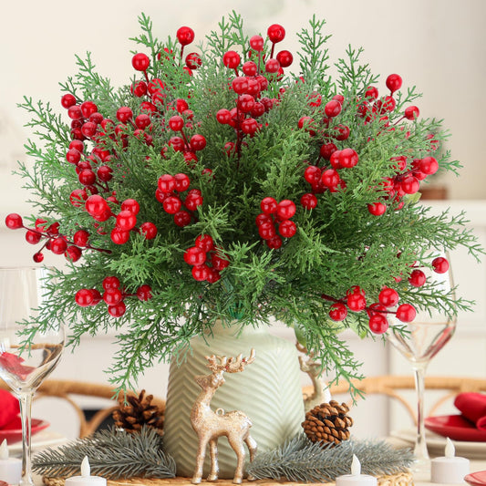 4 Bundles Artificial Christmas Flowers with Red Berry Stems, Fake Norfolk Pine Garland Branches for Winter Decor, Faux Christmas Garland Tree Picks and DIY Crafts