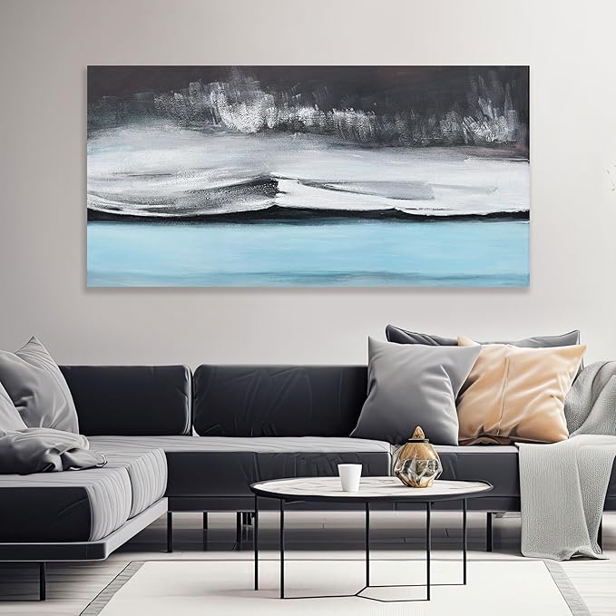 Abstract Wall Art Black White and Blue Canvas Art Wall Decor Modern Art Wall Decor Painting Framed Artwork Abstract Canvas Wall Art for Living Room Bedroom Office 29"x58"