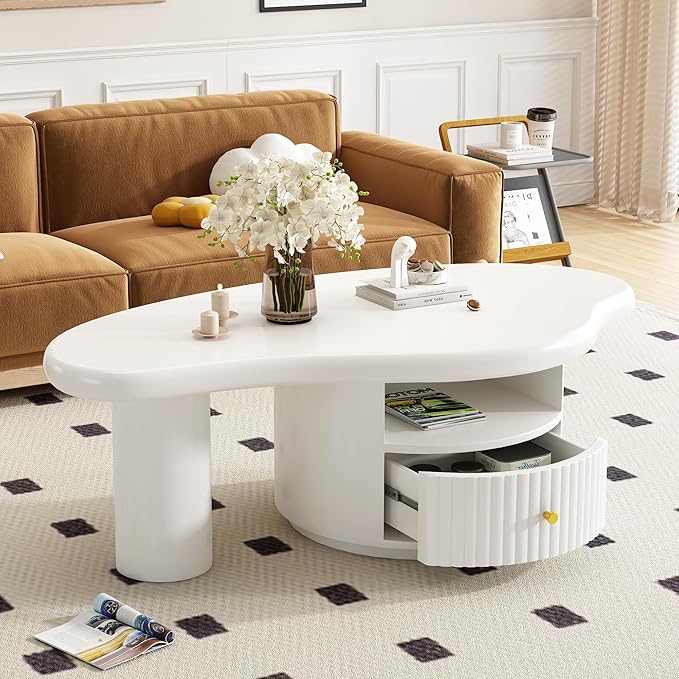WILLIAMSPACE 43.3" Cloud Coffee Table with Drawer and Shelf, Modern Irregular Shape Coffee Table Storage Center Table Accent Side End Table for Living Room Apartment, White