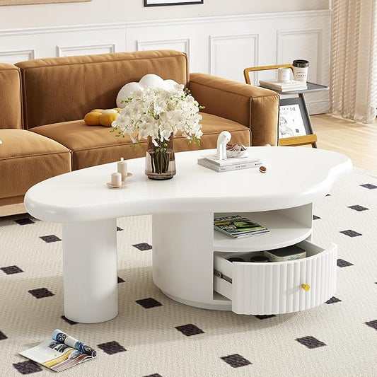 WILLIAMSPACE 43.3" Cloud Coffee Table with Drawer and Shelf, Modern Irregular Shape Coffee Table Storage Center Table Accent Side End Table for Living Room Apartment, White
