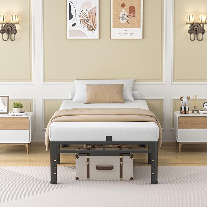 NKZ 24 Inch Twin Size Bed Frame, Metal Bed Frame & Box Spring 2 in 1 Platform with Round Corner Legs, 4000Lbs Heavy Duty Metal Frame, Mattress Slide Stopper, Headboard Hole, Noise-Free, Easy Assembly