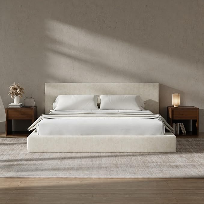 RECCI Cloud Upholstered King Bed Frame with Headboard, 5 Inch Foam Padded Platform, No Box Spring, Easy Assembly (Cream)