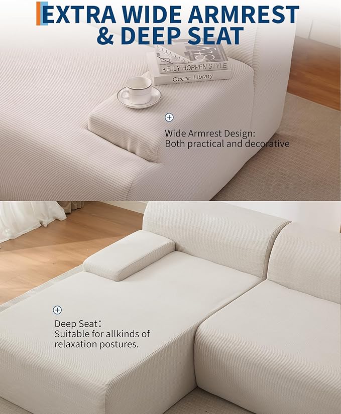 Garvee 107'' Modular Sectional Sofa, Left Facing Chaise L-Shaped Boneless Couch, Ultra Deep Seat Modern Sectional Sofa for Living Room, 5mm Wale Corduroy Fabric, Beige