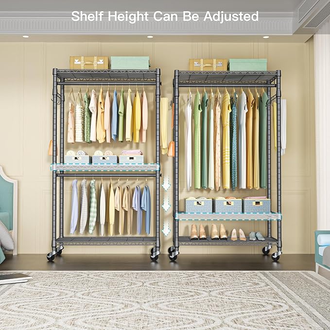 FUTASSI P1 Heavy Duty Garment Rack, 3 Tiers Adjustable Rolling Metal Closet Organizer with Lockable Wheels, FreeStanding Wardrobe with Double Hanger Rods & 1 Pair Hooks, Max Load 450 LBS, Gray