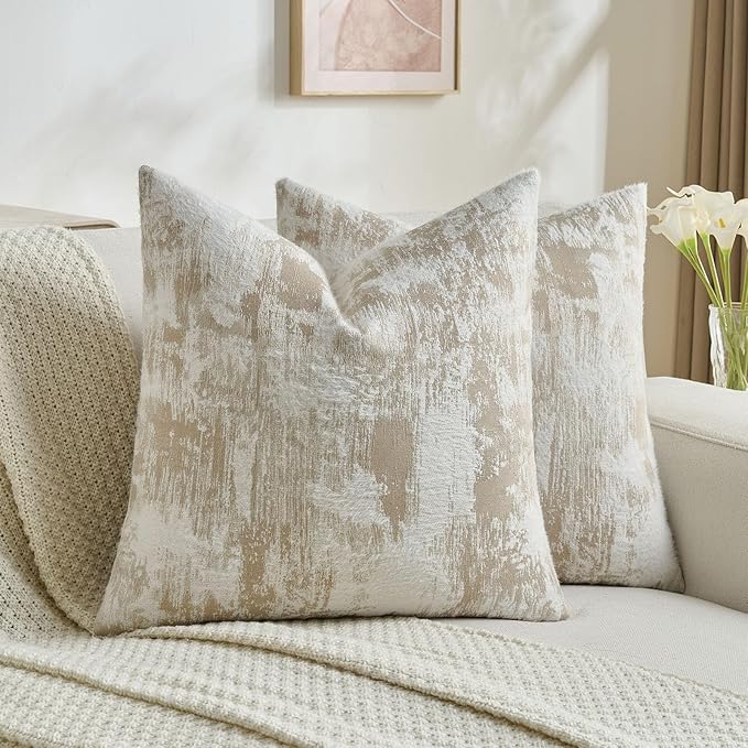 FUTEI Brown White Decorative Throw Pillow Covers 24x24 Inch Set of 2,Soft Faux Cashmere Jacquard - Textured & Cozy Euro Pillow Shams,Modern Home Decor for Couch Bed Living Room