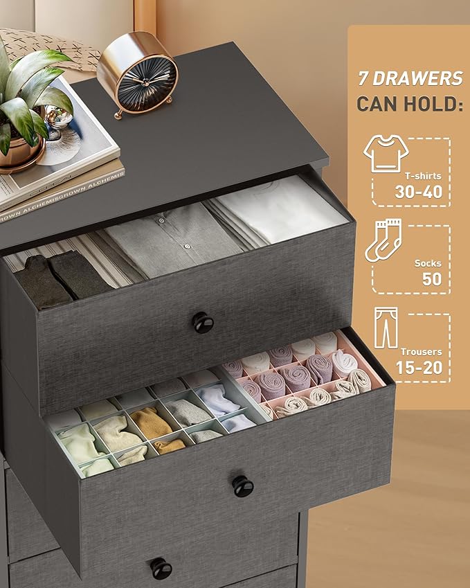 Tall Fabric Dresser for Bedroom, Vertical Storage Organizer Tower with 7 Drawers, Chest of Drawers with Bins, Steel Frame, Wood Top for Bedroom, Closet, Entryway Grey