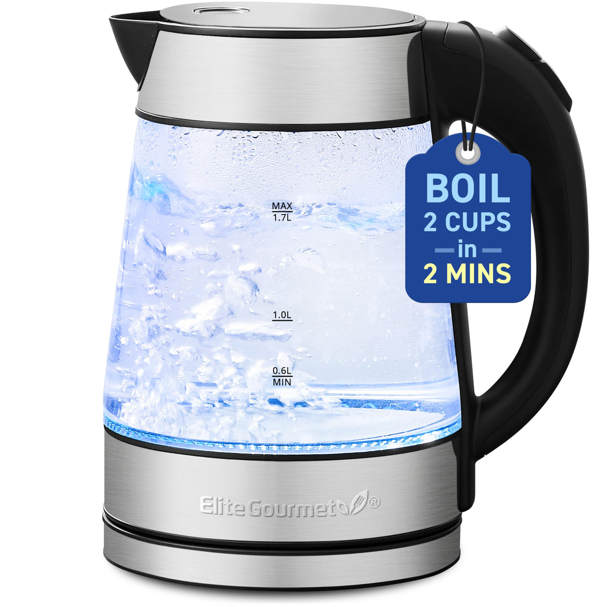 Elite Gourmet 1.7L BPA-Free Glass Electric Kettle, 1500W, Blue LED