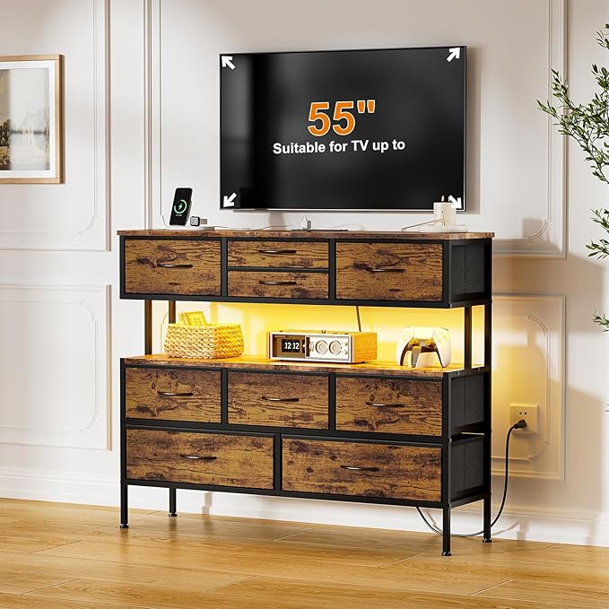 REAHOME Dresser TV Stand with Charging Station and LED Lights, 55” TV Stand Entertainment Center with 9 Drawers, Steel Frame, Large Storage Chest of Drawers for Bedroom, Living Room, Rustic Brown