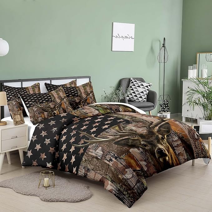 Tailor Shop Deer Comforter Sets King Size,American Flag Camo Bedding Sets for Boys Kids Teens Hunting Comforter Sets Woodland Moose Wildlife Forest Bed Set, with 1 Comforter 2 Pillowcase……