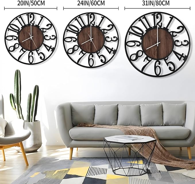 LEIKE Large LED Wall Clocks,Silent,Non Ticking,Battery Operated Rustic Round Modern Big Wood Wall Clock for Living Room, Bedroom,Kitchen,Farmhouse,Office,Home Decor -32" Black,LED,Arabic Number