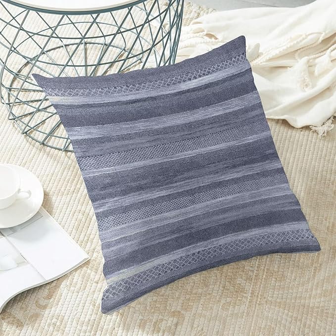 Boho Blue Stripe Throw Pillow Covers 18x18 Inch Set of 2, Rustic Abstract Decorative Throw Pillow Covers Retro Stripe Neutral Outdoor Cushion Cover for Sofa Couch Farmhouse Room Bed Decor