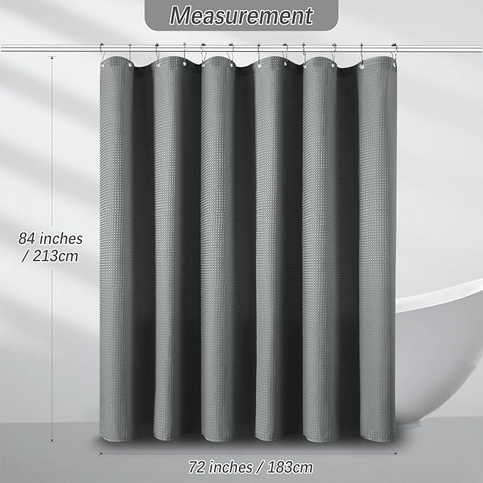 72 x 84 Shower Curtain Waterproof Fabric Shower Curtain Waffle Weave Heavy Duty Shower Curtain Set for Bathroom,Washable, 256GSM Modern Shower Curtains with 12 Metal Hooks, 72Wx84H Grey