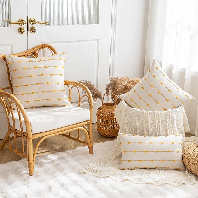 Boho Throw Pillow Covers 16x16 Set of 2 Modern Farmhouse Decorative Cushion Case Tufted Square Pillows Cover Neutral Pillow Cases Accent Pillowcase for Sofa,Couch,Bed,Beige and Yellow