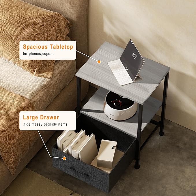 Side Table with Fabric Drawers,2-Tier Nightstand,End Table with Open Shelf for Bedroom, Living Room, Kitchen, Entryway, Grey Wash