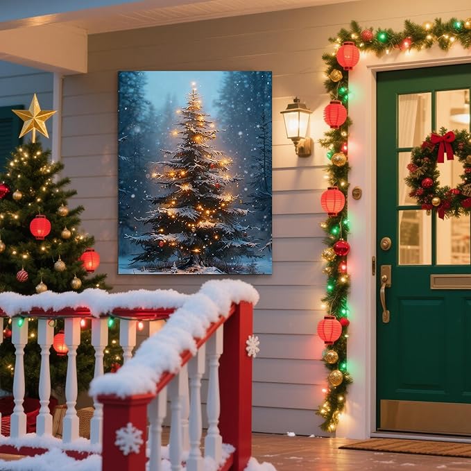 Framed Christmas Pictures Wall Decor,Vintage Pine Tree Prints,Winter Christmas Canvas Wall Art Decoration for Bedroom Bathroom Living Room Rustic Xmas Holiday Gifts (Christmas Tree 3, 11'' X 14'')