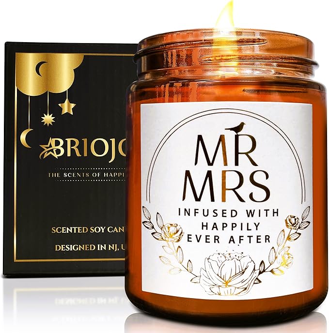 Wedding Gifts for Bride, Groom - Mr and Mrs Candle - Happy Engagement Gift for Her, Bride to Be - Gifts for Bridal Shower, Newlywed, Married Couples Anniversary - Jasmine Scented Soy Candle