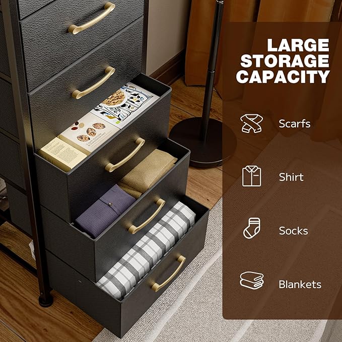 Tall Dresser with 6 Drawers, Chest of Drawers with Fabric Bins, Storage Organizer Tower with Wood Top & Steel Frame for Bedroom, Living Room and Entryway - Black