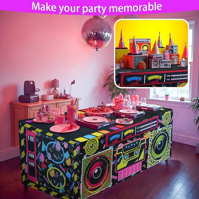 8FT 80s 90s Theme Party Tablecloth, 80s 90s Decorations for Back to 80s 90s Hip Hop Birthday Party