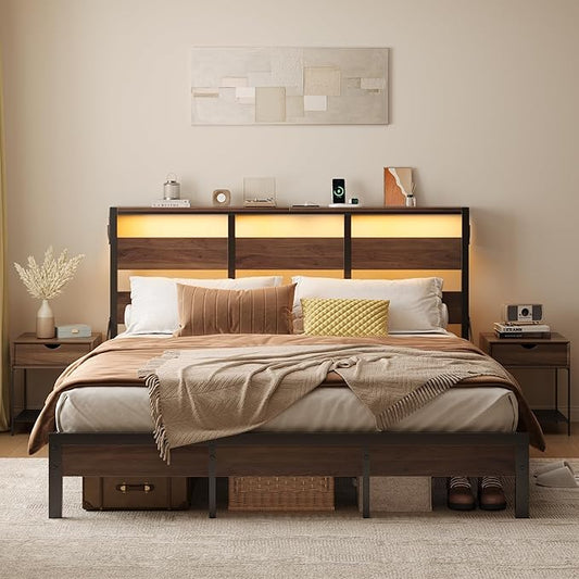 Bestier King Bed Frame with Storage Headboard and Charging Station, Walnut Platform Bed Frame with LED Light, Non-Slip Metal Bed Frame, Noise-Free, Easy Assembly,Brown