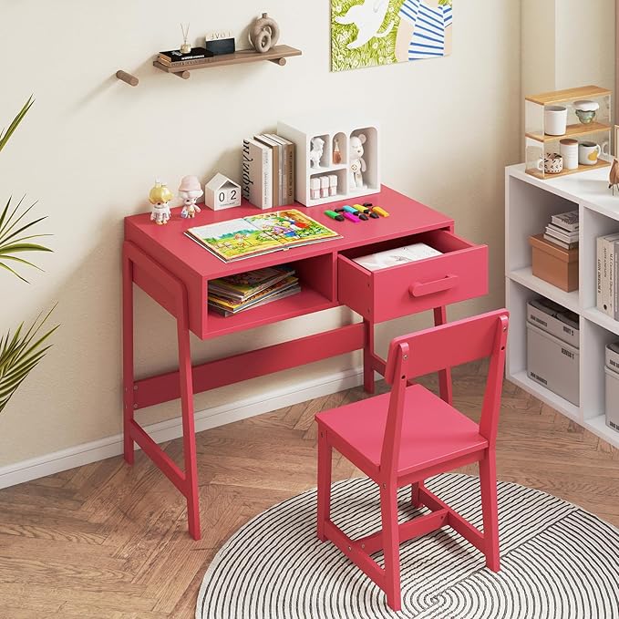 HONEY JOY Kids Desk and Chair Set, Wooden Children School Study Table and Chair w/Storage Drawer & Hutch, Student Writing Desk Computer Workstation for Bedroom, Gift for 3+ Years Old (Pink)