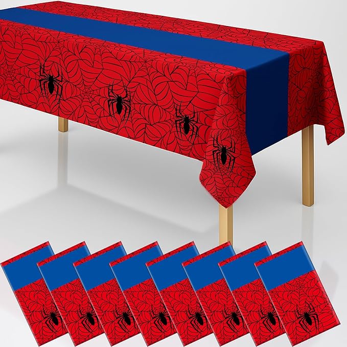 8Pcs 2in1 Spider Birthday Party Decorations Tablecloth, 54" x 108" Super Hero Table Cloth Disposable Rectangle Plastic Table Cover for Kids Baby Shower Wedding Party Supplies