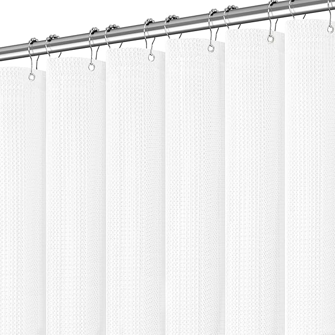 White Shower Curtain for Bathroom 90 Inches Long, Waffle Textured Heavy Duty Extra Long Waterproof 256GSM Weighted Beige Shower Curtains with 12 Metal Hooks, 72Wx90H