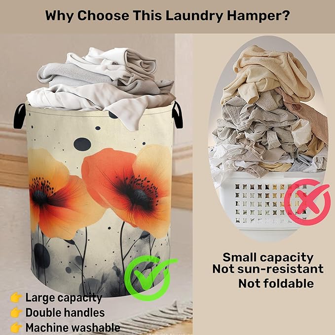 Orange Flowers Painting Laundry Basket - Heavy Duty 60L Dirty Clothes Organizer, Water Resistant Foldable Hamper for Men Women