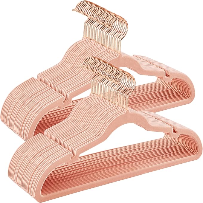 SONGMICS Velvet Hangers 50 Pack, Non-Slip Clothes Hangers, Suit Hangers with Shoulder Notches, Pants Bar, 360° Swivel Hook, Space-Saving, for Closet, Jelly Pink UCRF029PK05