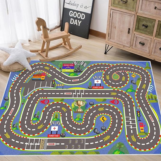 Kids Rug, Race Track Playmat Rugs 94×63 in Kids Carpet with Rubber Backing, Start and Finish line Racing Track Marking Car Road Race 3D Play Mat Nursery Rugs for Children Bedroom Playroom