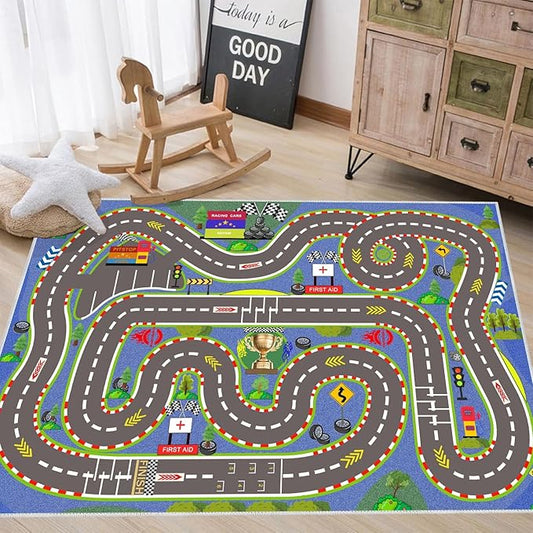 Kids Rug, Race Track Playmat Rugs 94×63 in Kids Carpet with Rubber Backing, Start and Finish line Racing Track Marking Car Road Race 3D Play Mat Nursery Rugs for Children Bedroom Playroom