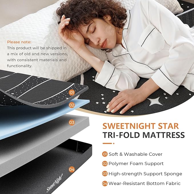 Sweetnight Tri-fold Mattress - 4 Inch Dual-Layer Foam Folding Mattress | Removable & Washable 500G Superfine Fiber Cover | Suitable for Camping, RV & Home Use （Single）