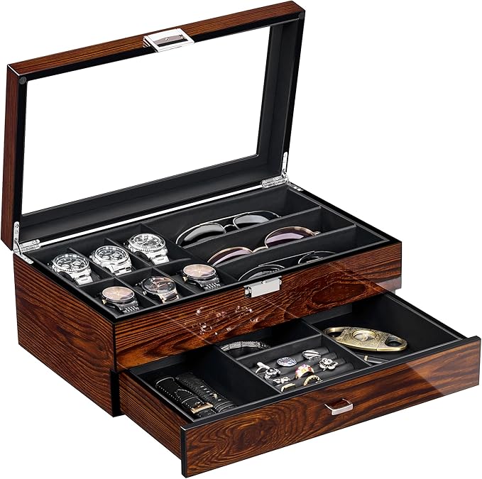 BEWISHOME High-End Watch Box, 6-Slot Watch Case and 3 Glasses Case, 2-Layer Wooden Mens Jewelry Box with Large Glass Lid, Luxury Watch Display Case for Men Watch Storage, PU Leather Interior, Brown