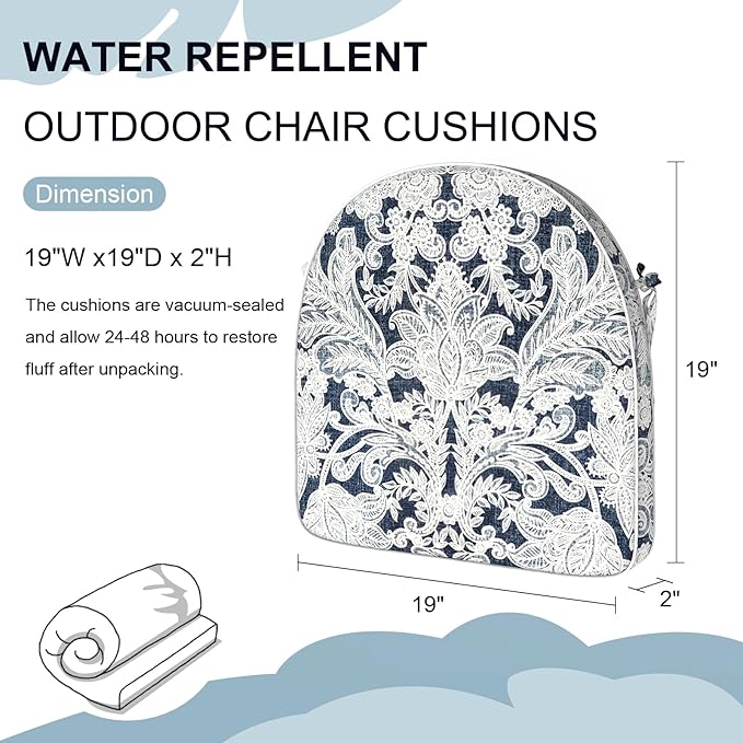 Set of 4 Outdoor Chair Cushions 19"x19"x2",Water Repellent Dining Seat Cushion with Ties and Removable Covers, Chair Cushions for Indoor and Patio Furniture, Damask Lapis