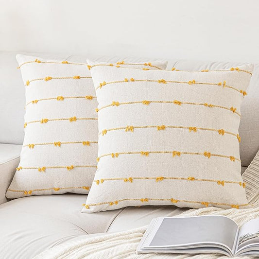 Boho Throw Pillow Covers 24x24 Set of 2 Modern Farmhouse Decorative Cushion Case Tufted Square Pillows Cover Neutral Pillow Cases Accent Pillowcase for Sofa,Couch,Bed,Beige and Yellow