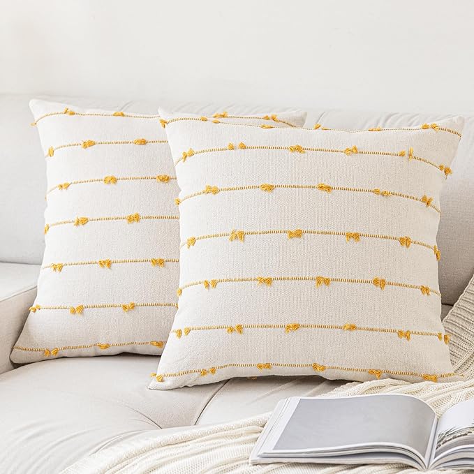 Boho Throw Pillow Covers 20x20 Set of 2 Modern Farmhouse Decorative Cushion Case Tufted Linen Square Pillows Cover Neutral Pillow Cases Accent Pillowcase for Sofa,Couch,Bed,Beige and Yellow