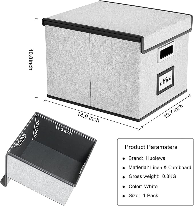 Huolewa Decorative File Storage Organizer Box with Lid, Portable Collapsible Linen Hanging Filing & Storage Boxes for Office/Decor/Home (White) - 14.9 x 12.7 x 10.8 inch - 1Pack