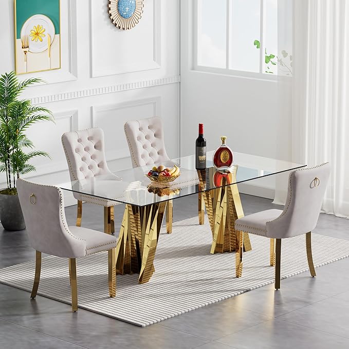 Goujxcy Modern 5 Piece Glass Dining Table Set Luxury Glass Kitchen Table and Chair Set for 4, 70" Large Rectangular Dining Room Table with 4 Tufted Chairs and Stainless Steel Legs (Gold & Beige)